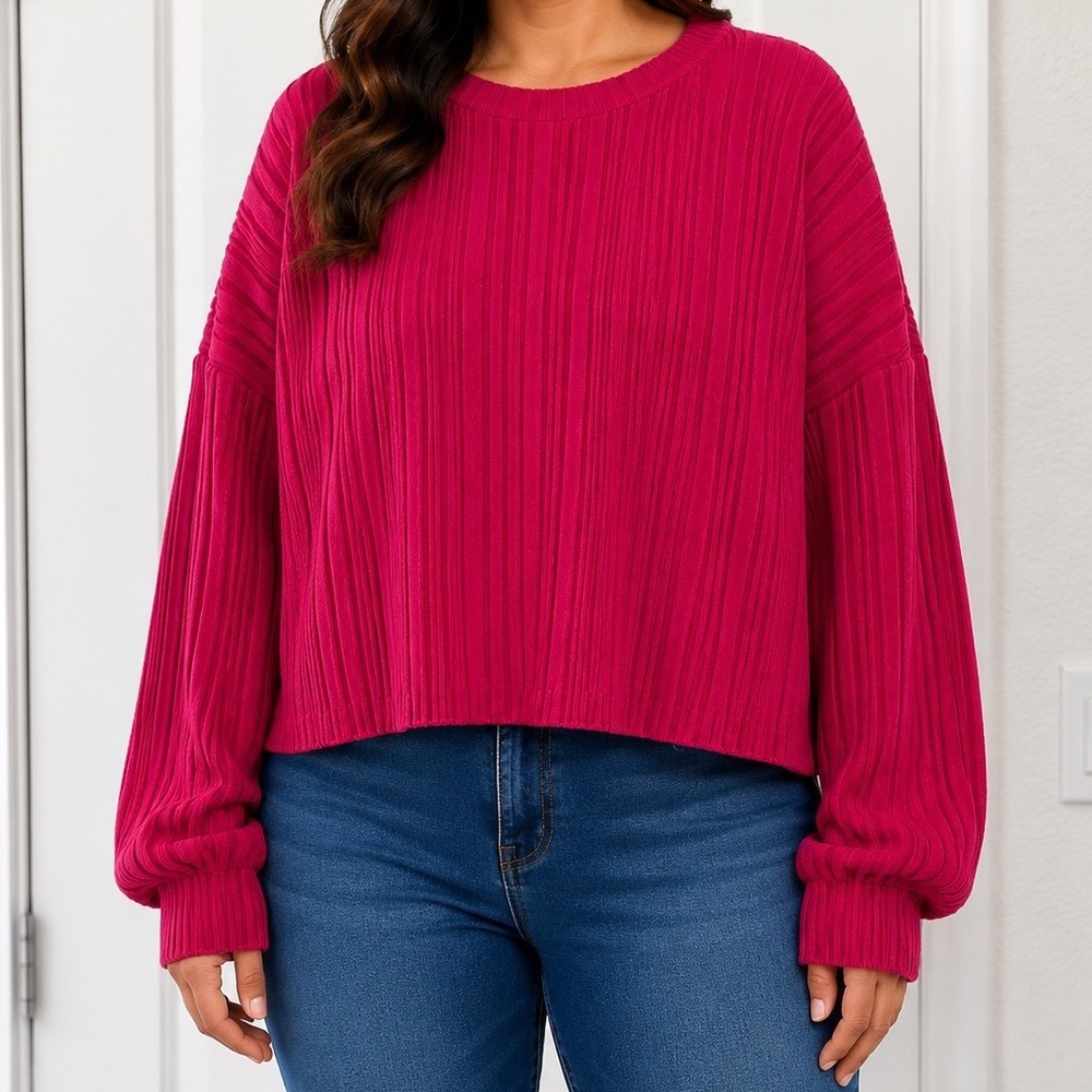 Red Ribbed Knit Oversized Pullover Sweater Crew Neck 2XL